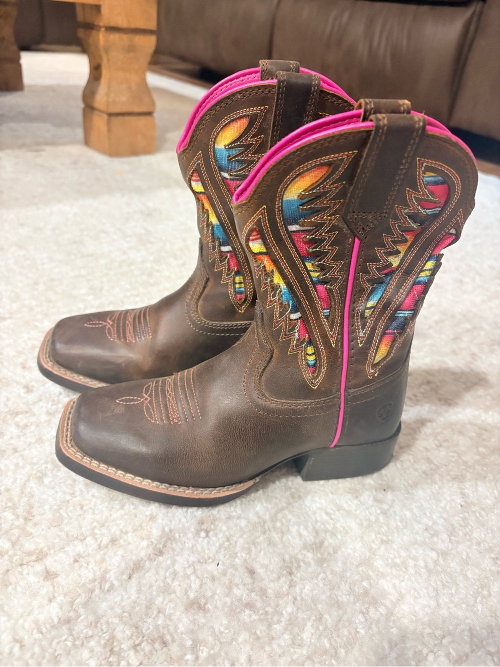 Ariat Girls Brown Leather Cowboy Boots with Pink & Multi-Color Inset Size 11